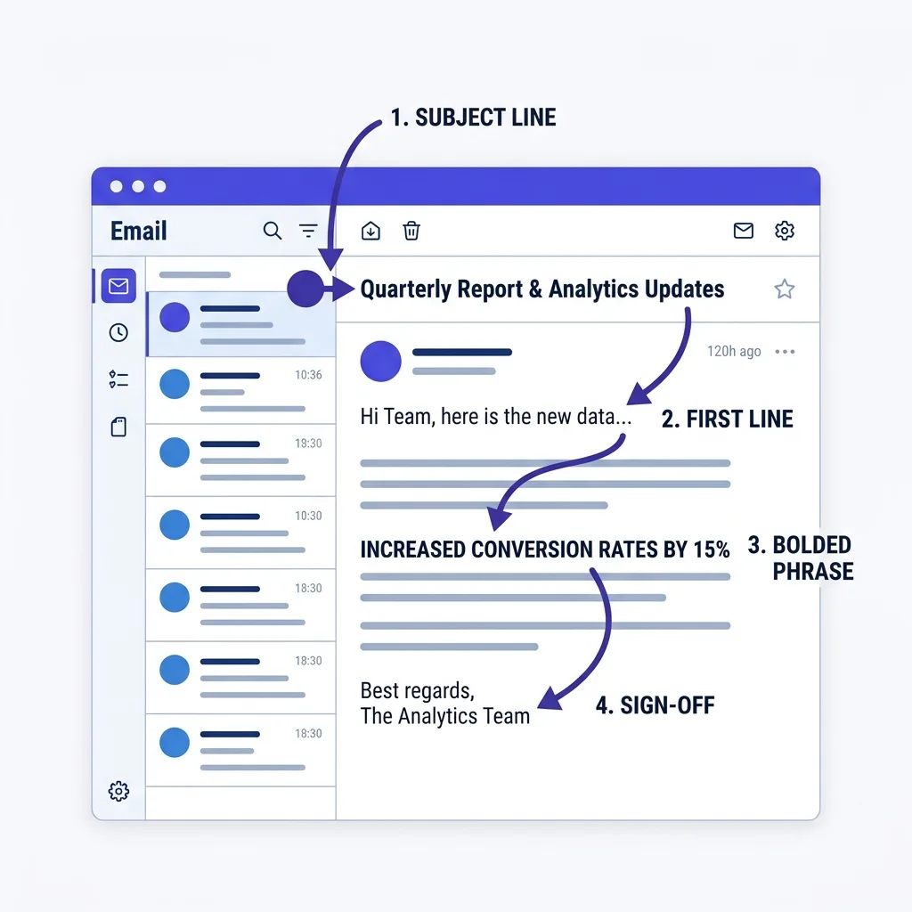 The eye scan path a buyer follows through a cold email during the skim test