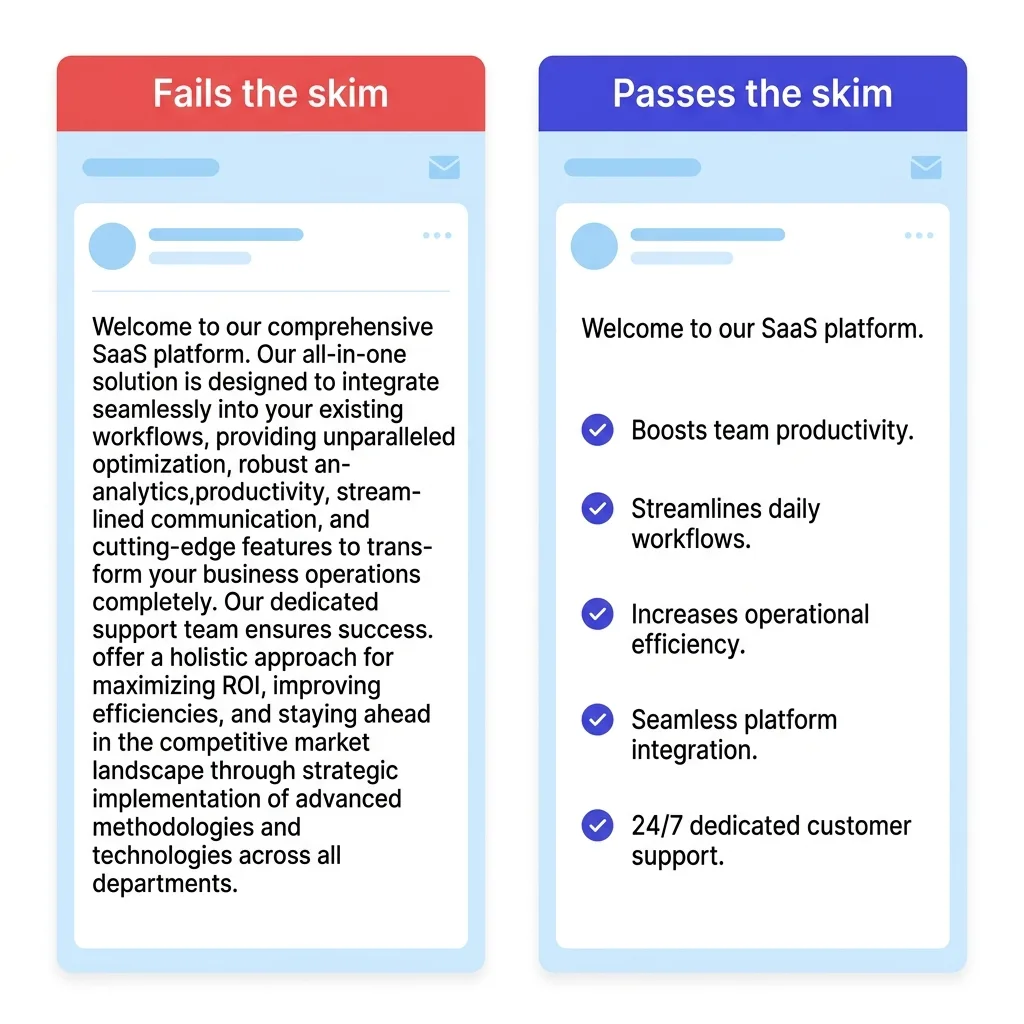 A side by side comparison of a cold email that fails the skim test and one that passes it