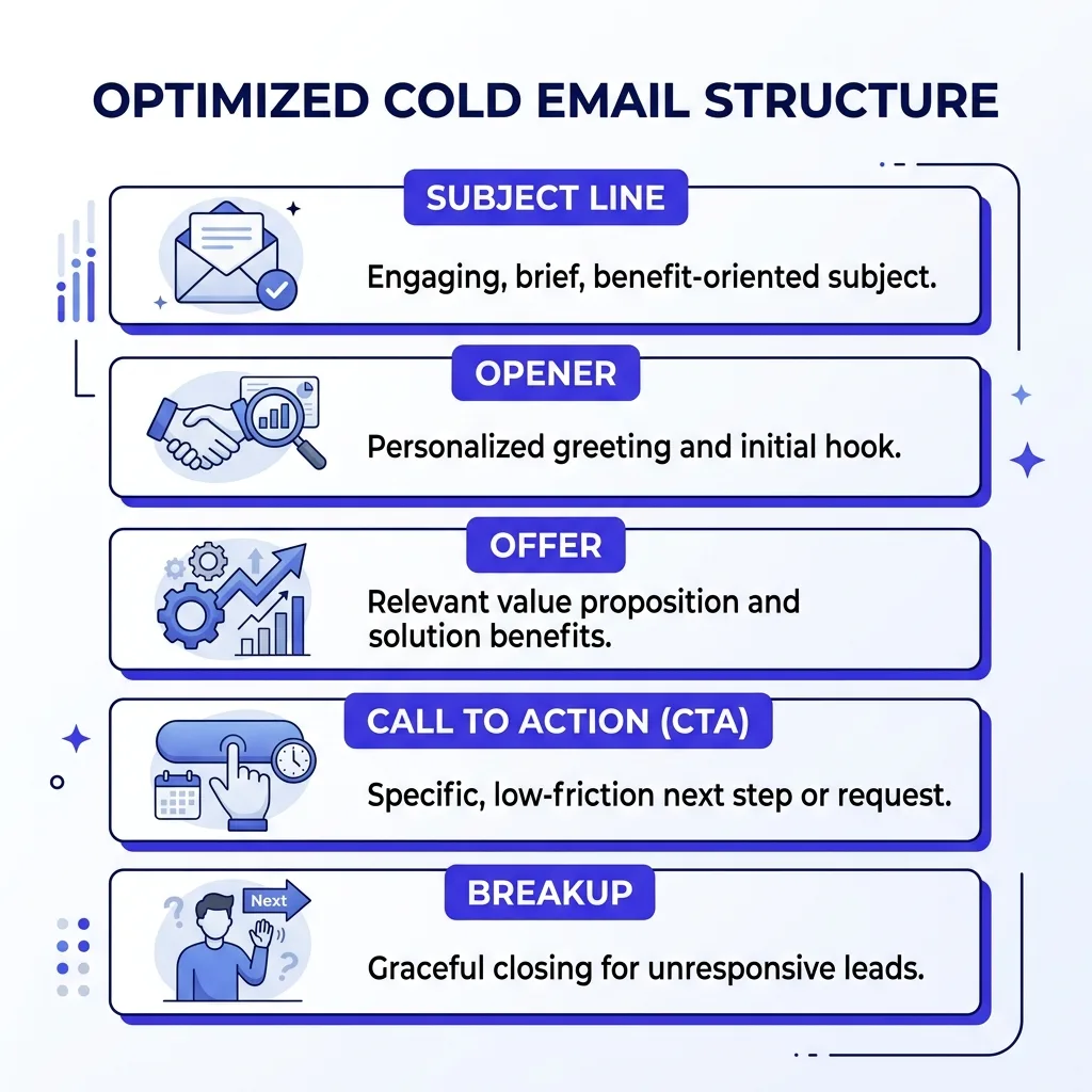 Cold email swipe file broken into five tagged parts: subject, opener, offer, CTA, breakup