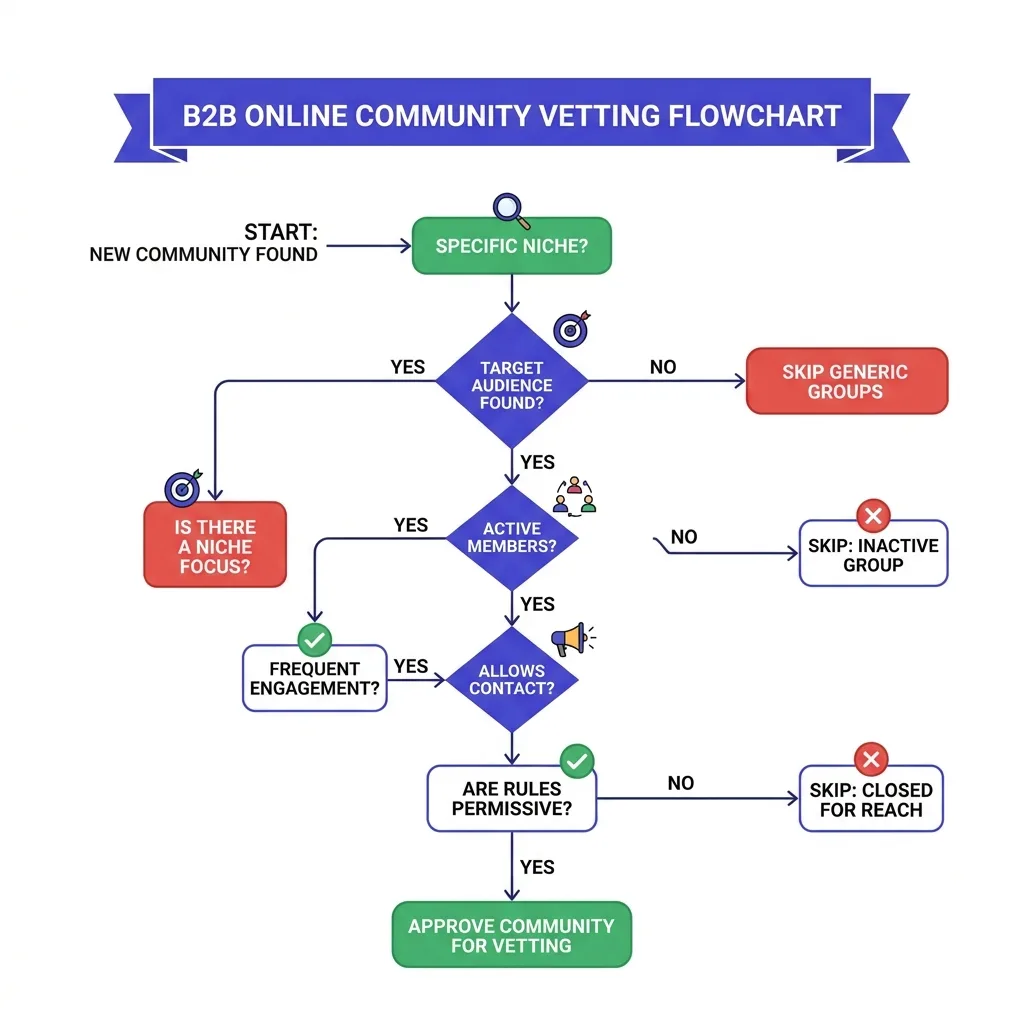Decision path for vetting a community before joining it for community-led outbound
