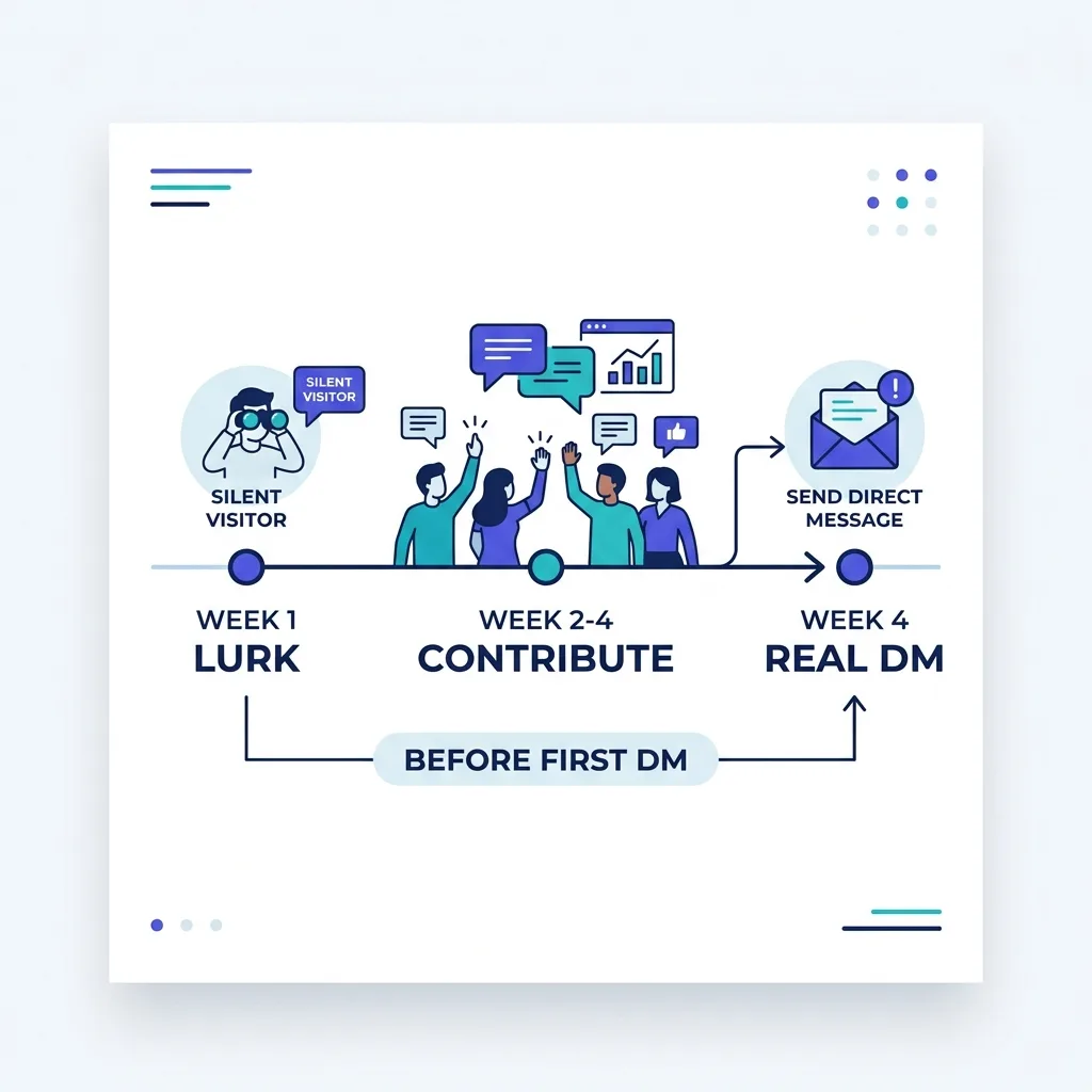 Timeline showing weeks of contribution before a DM in a Slack or Discord community