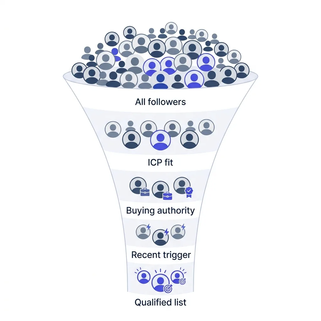 A funnel diagram showing raw competitor followers narrowed down through job title, company size, and engagement filters into a small qualified list