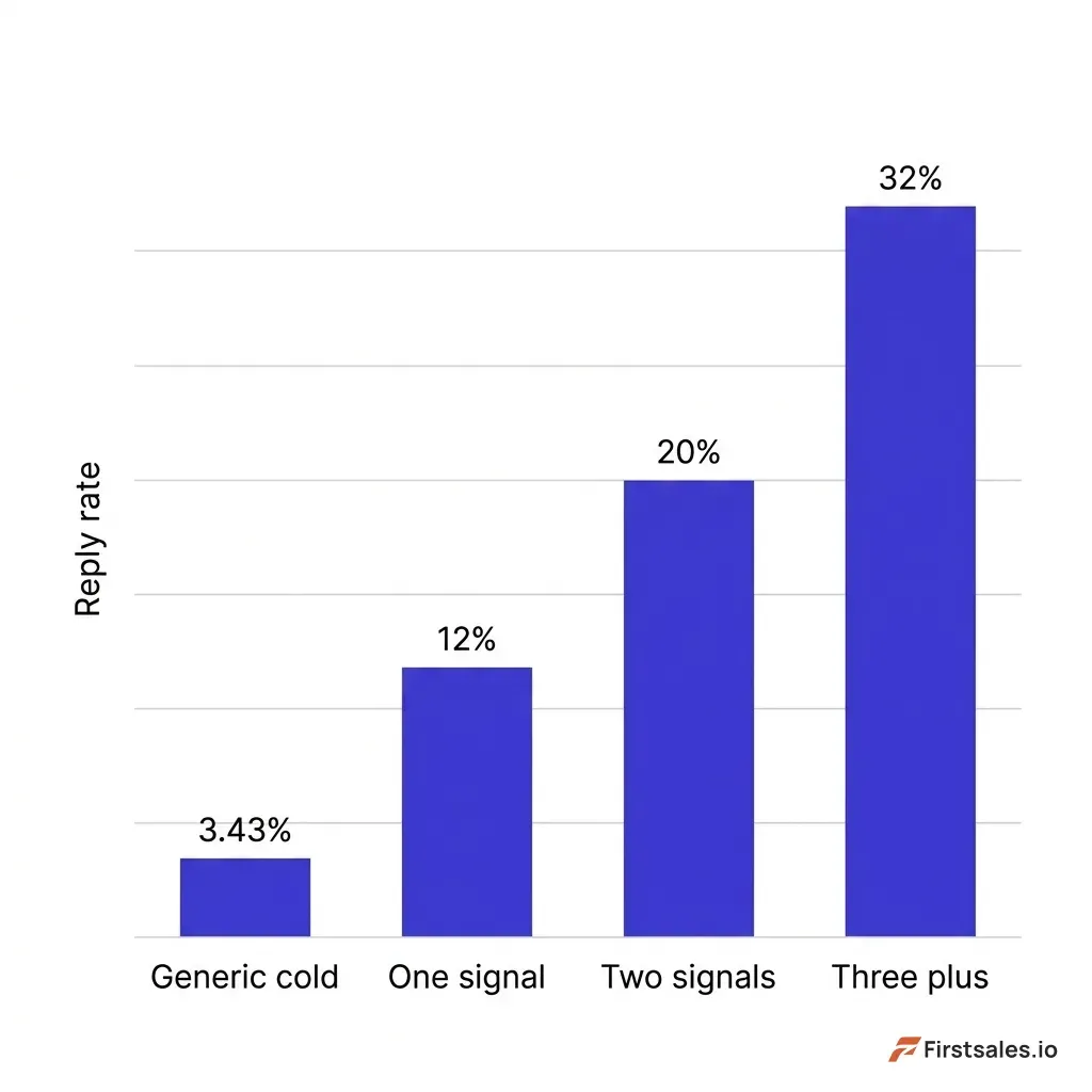Bar chart comparing reply rates: generic cold email 3.43%, one signal 12%, two signals 20%, three or more signals 32%, bars in deep indigo on white
