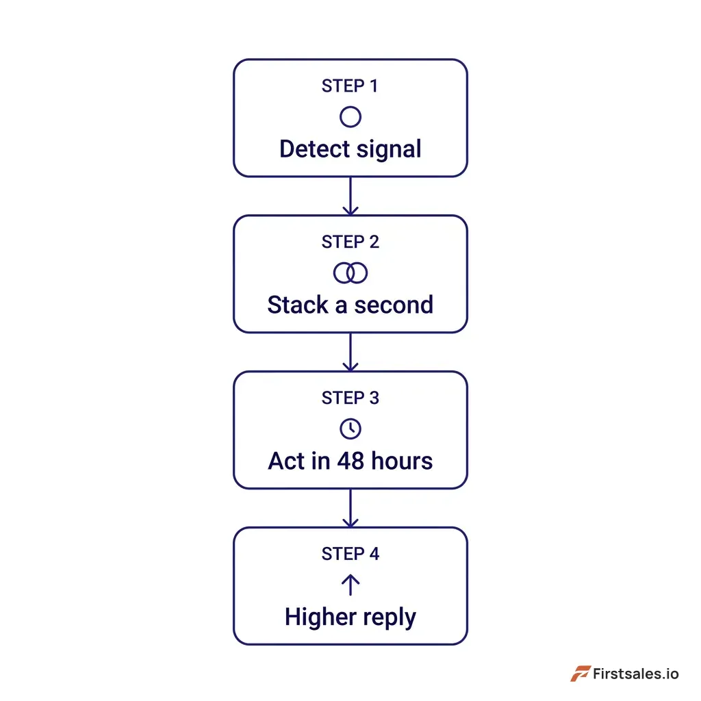 Infographic showing the four-step signal stacking flow: detect a signal, stack a second, act within 48 hours, reach a higher reply rate, deep indigo and white flat design
