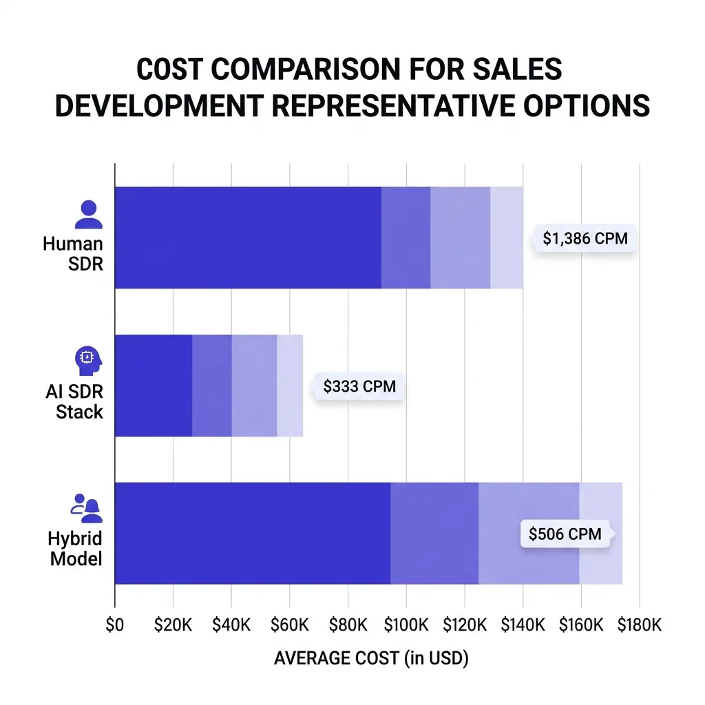 Chart comparing annual total cost: human SDR bar at $130K-$173K vs AI SDR stack bar at $42K-$99K, with cost per meeting annotations
