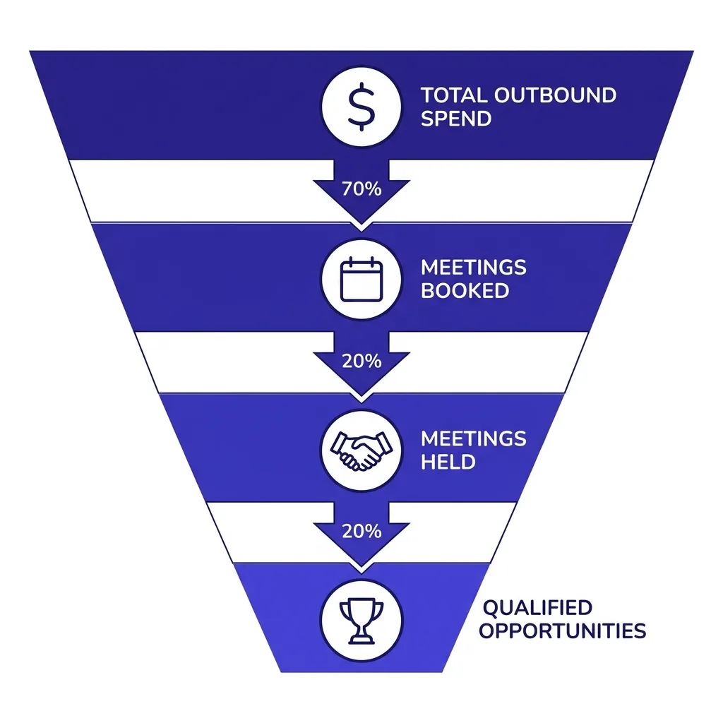 Diagram showing cost per meeting funnel: total outbound spend divided by meetings held, with conversion stage labels
