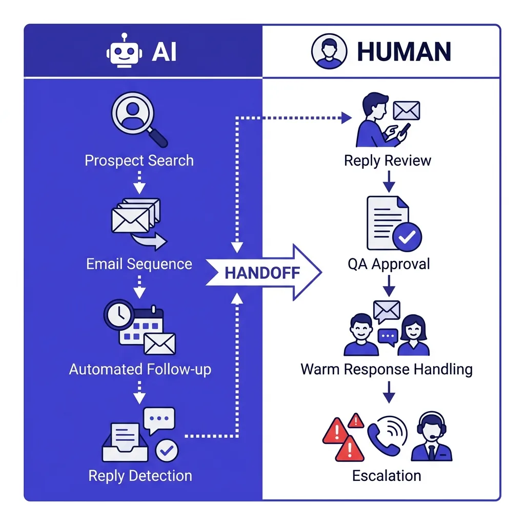 Infographic showing hybrid model workflow: AI handles prospecting, sequencing, and initial outreach while human manages replies, QA, and high-value follow-up - deep indigo and white flat design
