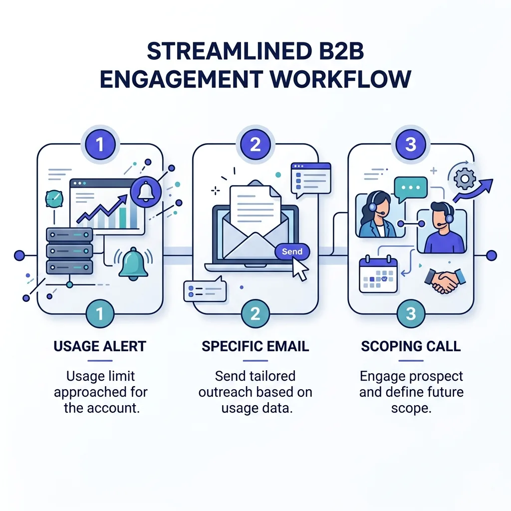 A three touch customer expansion outbound sequence triggered by a usage alert
