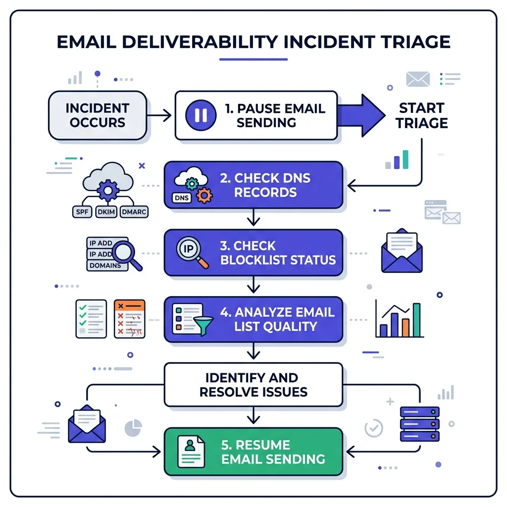 Triage flow for a deliverability incident from detection to resume