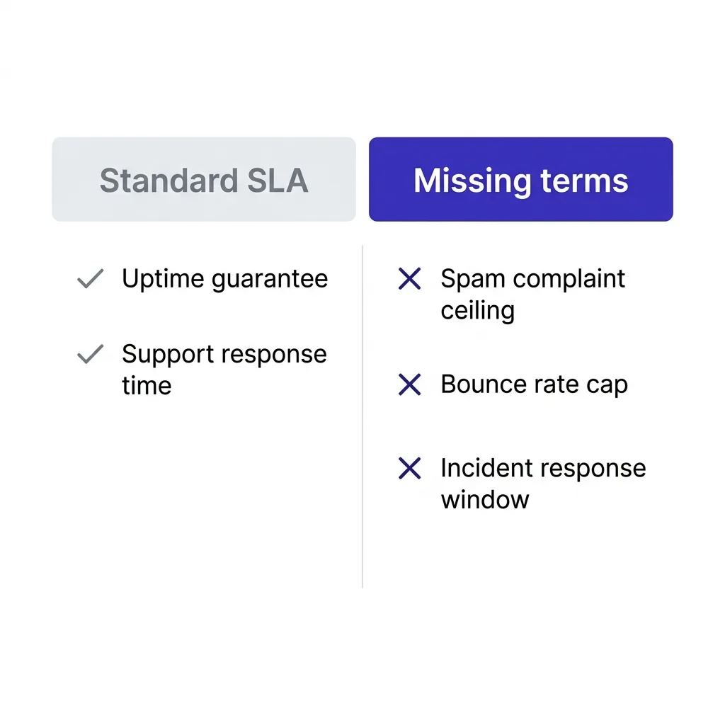 Comparison chart of vendor SLA terms with uptime covered and deliverability metrics missing
