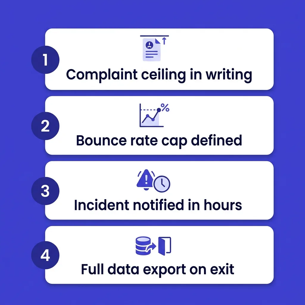 Four-question SLA checklist covering complaint ceiling, bounce cap, incident response, and data export