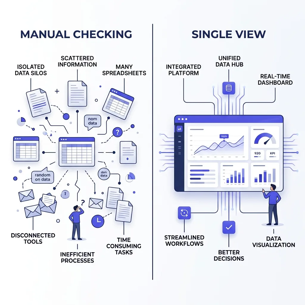 A comparison illustration contrasting a scattered manual deliverability tracking process with a single organized dashboard