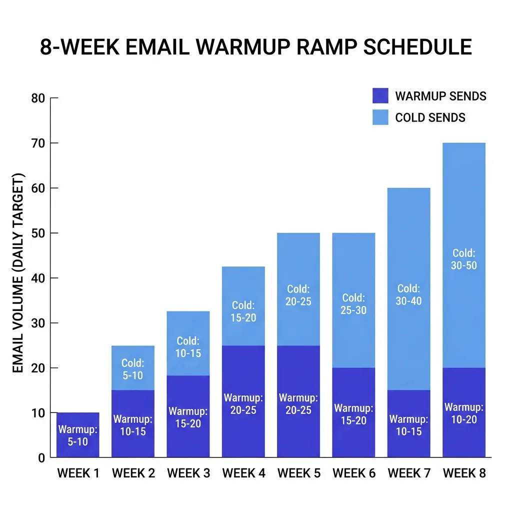 8-week inbox warmup ramp schedule chart showing gradual volume increase from 5 to 50 emails per day