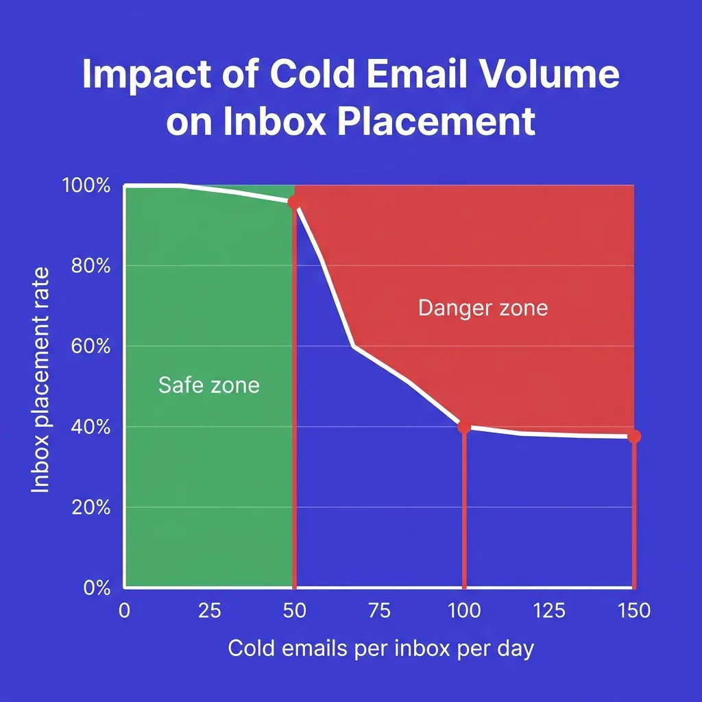 Inbox placement rate vs daily send volume per inbox showing sharp drop above 50 emails per day