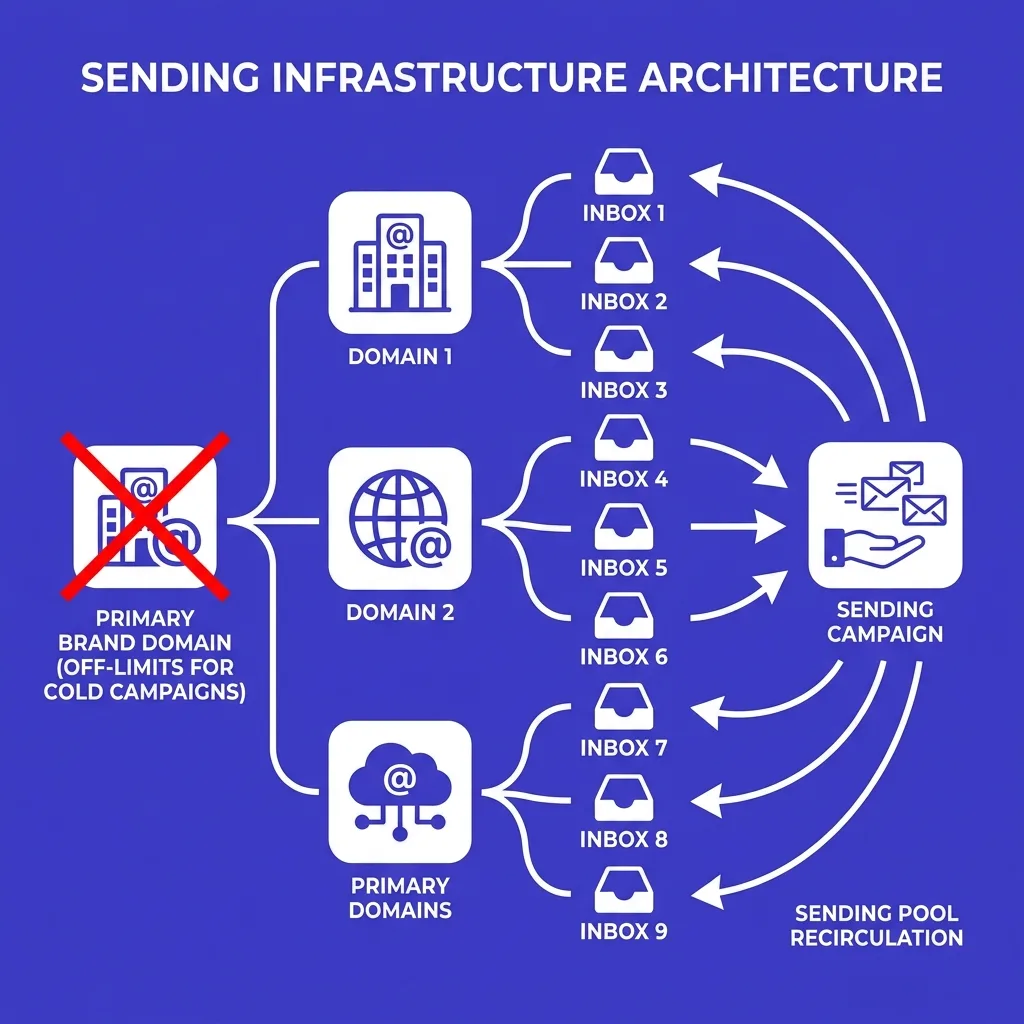 Infographic showing inbox-to-domain ratio diagram with 2-3 inboxes per domain, domain clusters, and rotation arrows, deep indigo and white flat design