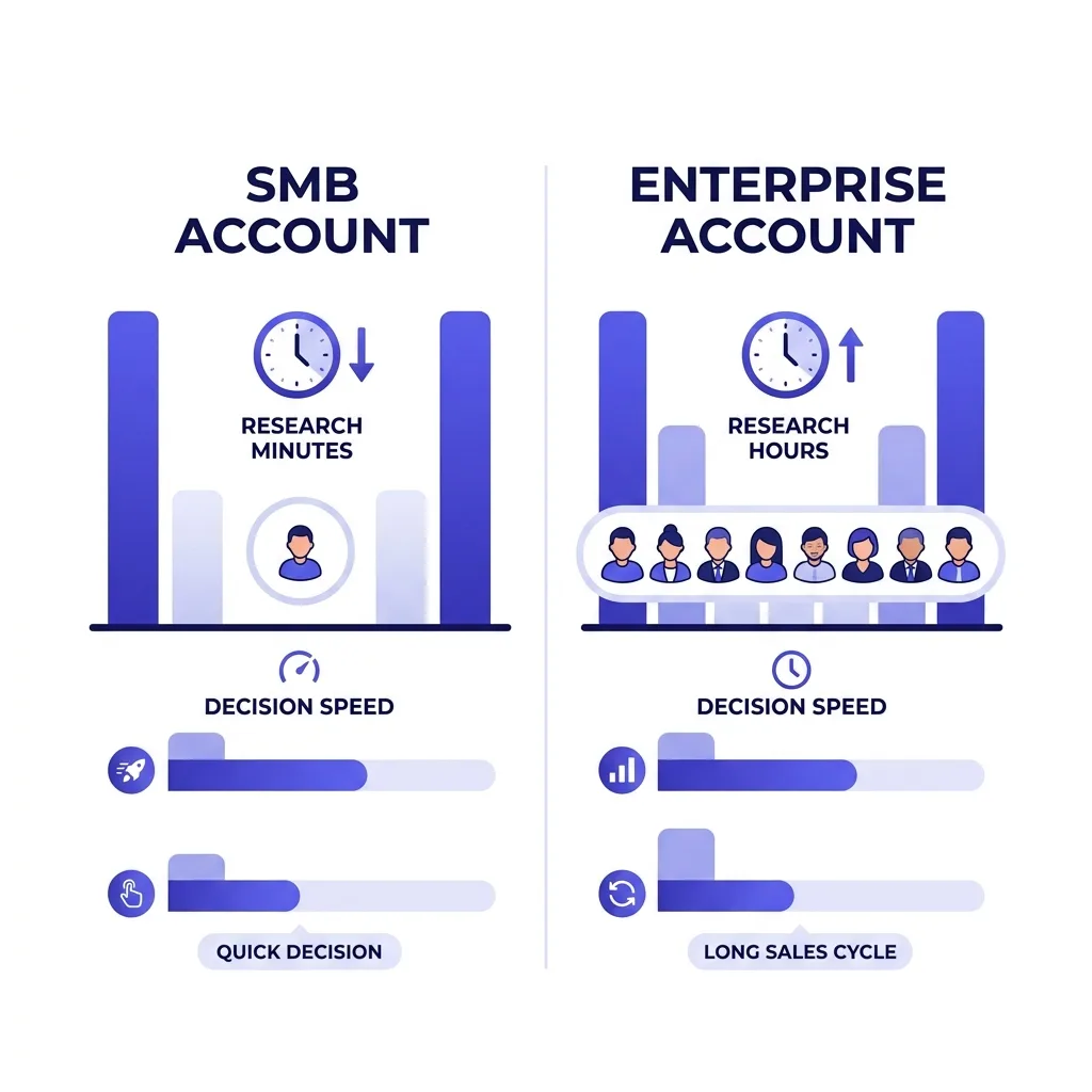 Comparison of research hours and buying committee size across SMB and enterprise accounts