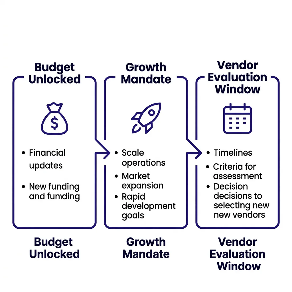 Diagram showing the three forces unlocked by a funding round: budget allocation, growth mandate, and vendor evaluation window