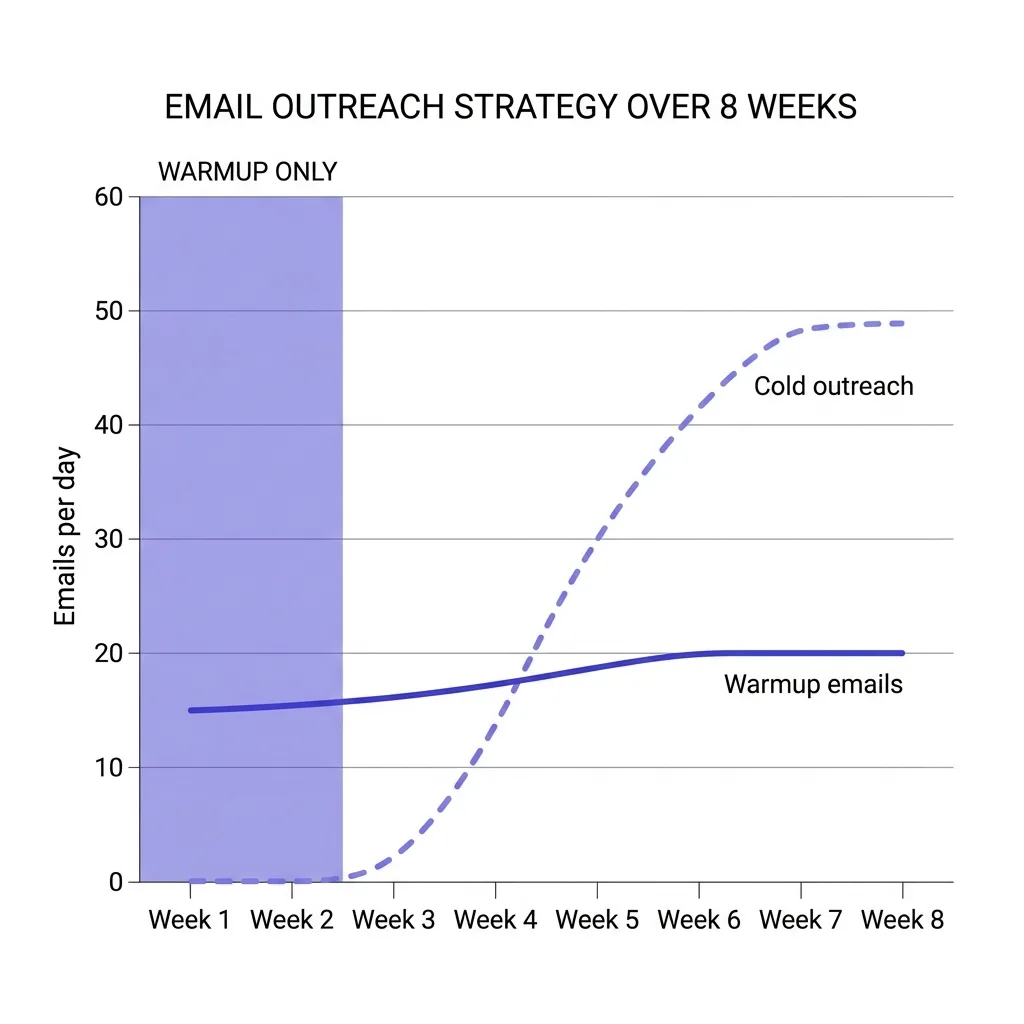 Email warmup ramp chart showing week-by-week volume increase from 10 emails per day to 50 over 8 weeks