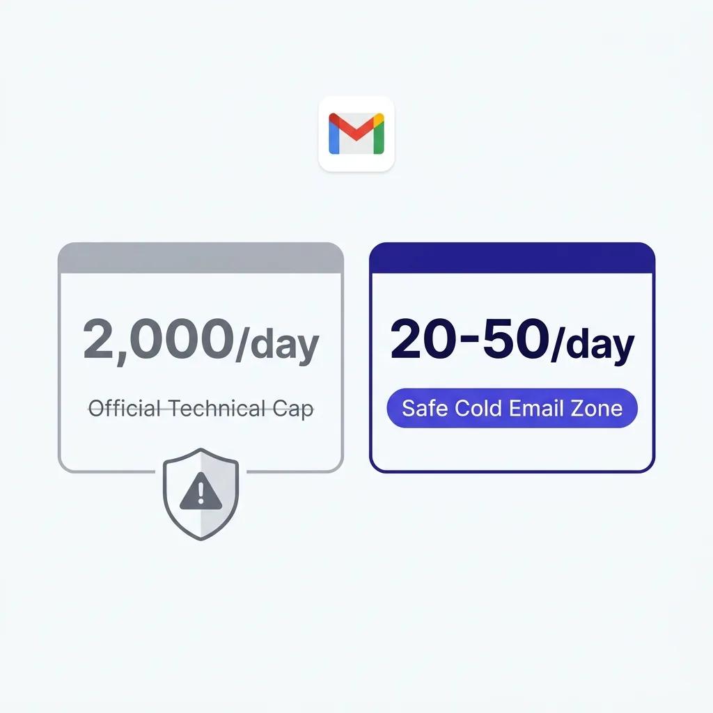 Gmail sending limit tiers diagram showing official cap vs safe cold email zone
