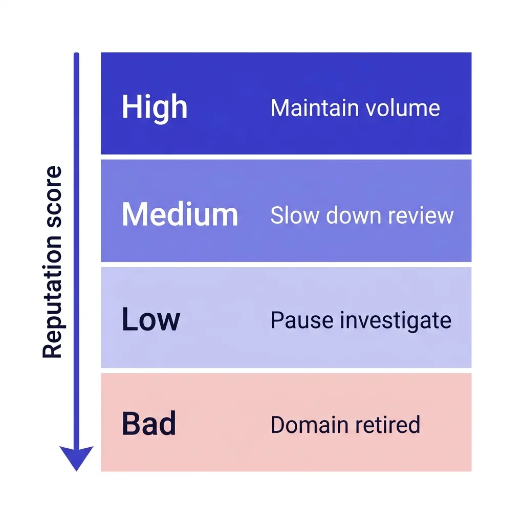 Infographic showing Google Postmaster Tools dashboard with domain reputation tiers - High, Medium, Low, Bad - with color-coded thresholds and action steps for each tier