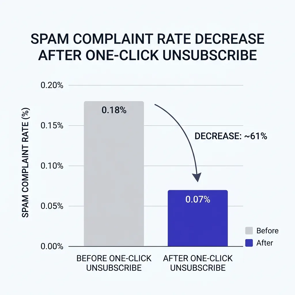 Chart showing spam complaint rate reduction after implementing one-click unsubscribe across cold email campaigns, with before/after comparison in deep indigo and white