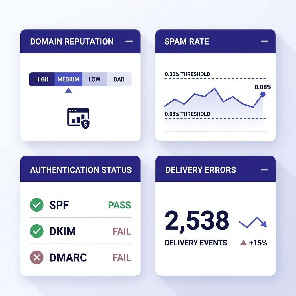 Infographic of Google Postmaster Tools dashboard layout showing Domain Reputation, Spam Rate, Authentication, and Delivery Errors panels with annotations in deep indigo on white background