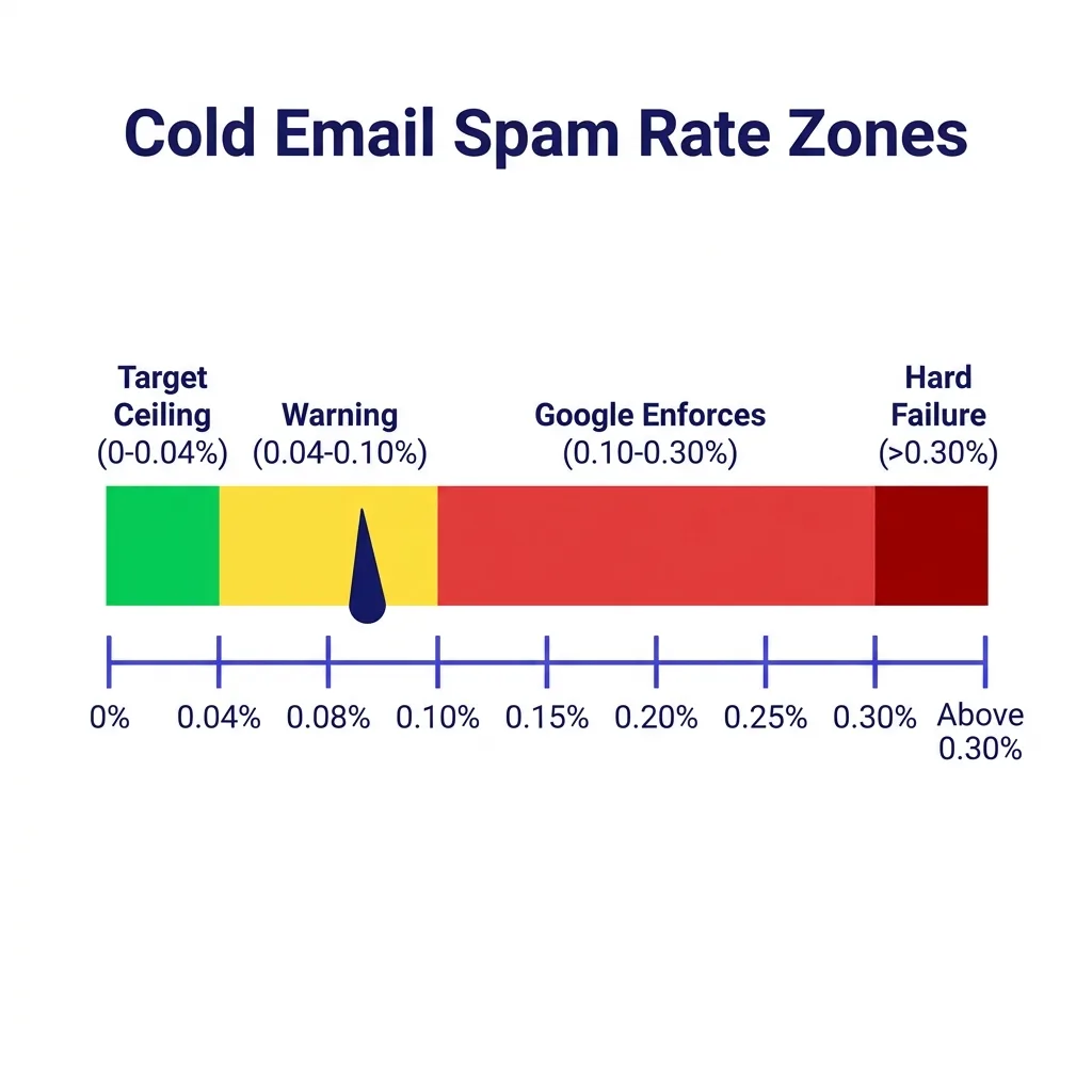 Spam rate chart showing 0.04% target ceiling and Google thresholds at 0.10% and 0.30%