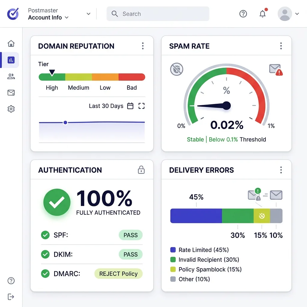Google Postmaster Tools dashboard panels overview