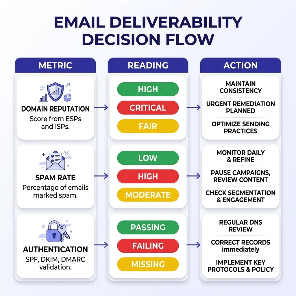 Infographic showing metric-to-action decision flow for Google Postmaster Tools readings