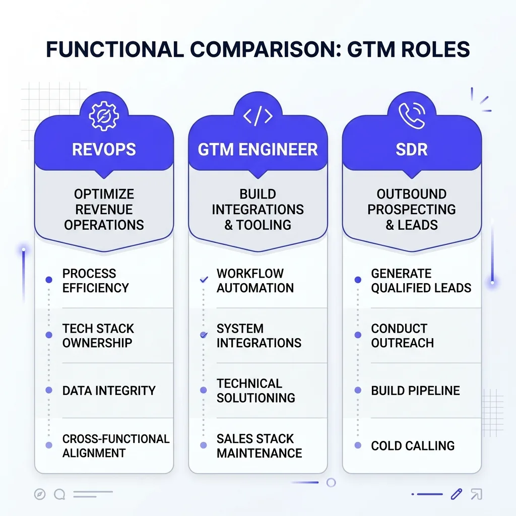 Diagram comparing the GTM engineer role against RevOps and SDR responsibilities