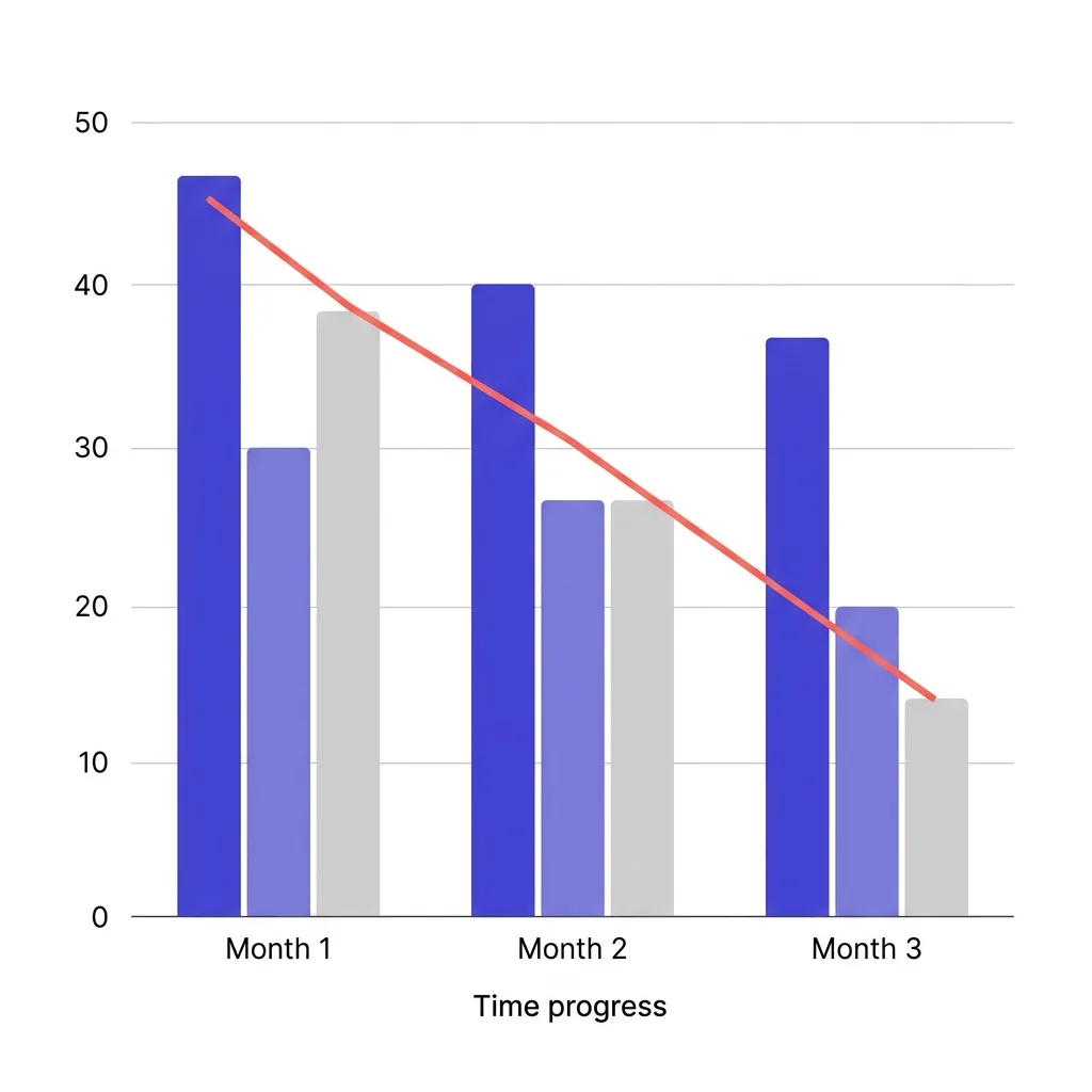alt: Bar chart showing domain health over 90 days with burn curve, replacement cycle, and active vs warming vs retired domain count over time, deep indigo and white color scheme