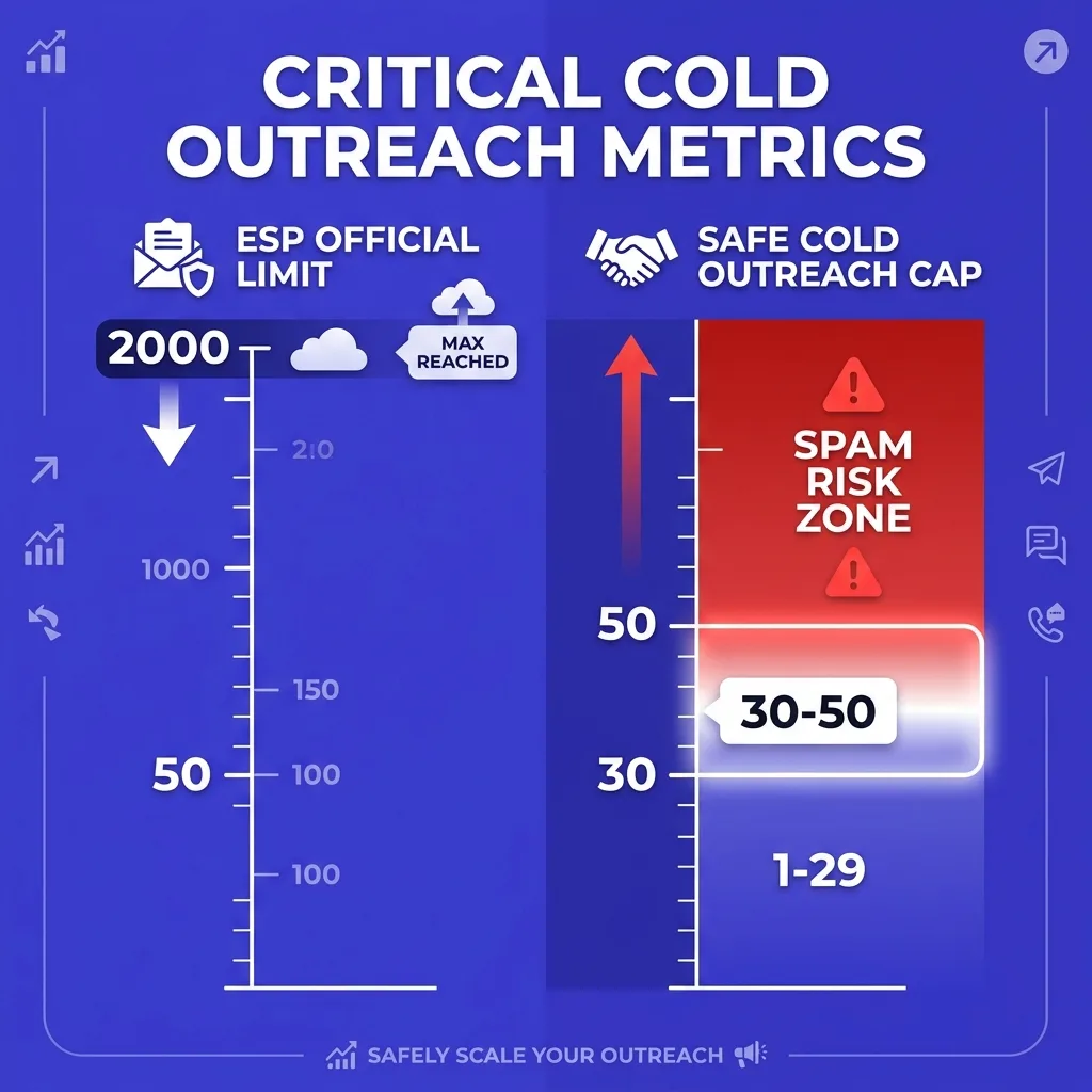 alt: Diagram showing the gap between ESP daily limits and safe cold email sending thresholds, with spam risk zones highlighted in red and safe zone in indigo
