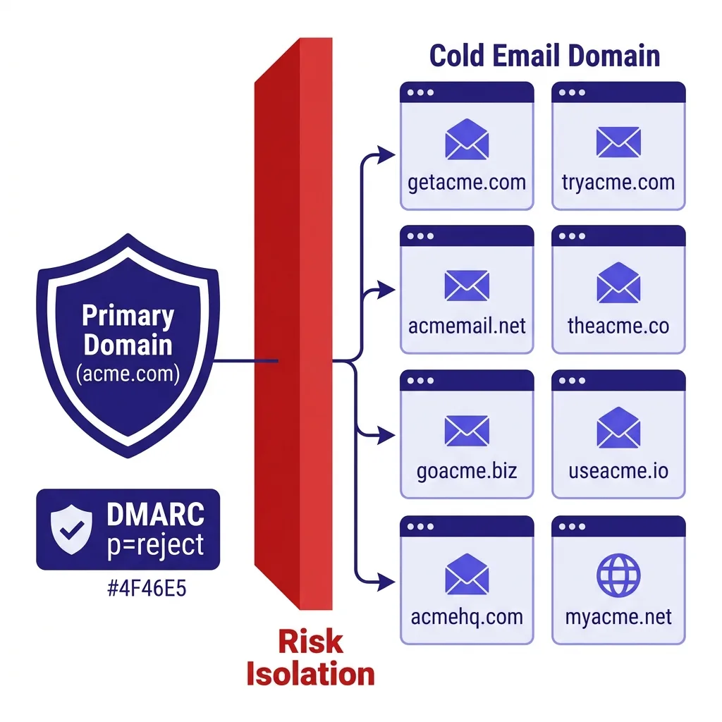 alt: Infographic showing the separation between primary company domain (protected, p=reject DMARC) and cold email sending domain pool, with arrows showing traffic flow and risk isolation, clean flat design in deep indigo #4F46E5 and white