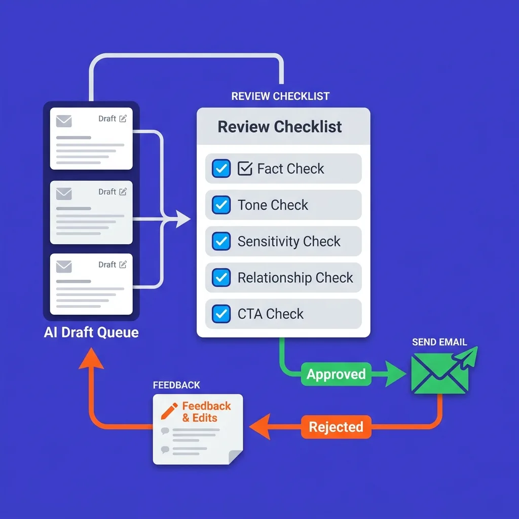 Human review workflow checkpoint diagram showing email queue, review criteria, and approve/reject flow