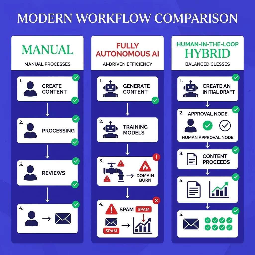 AI vs manual vs hybrid outbound comparison diagram