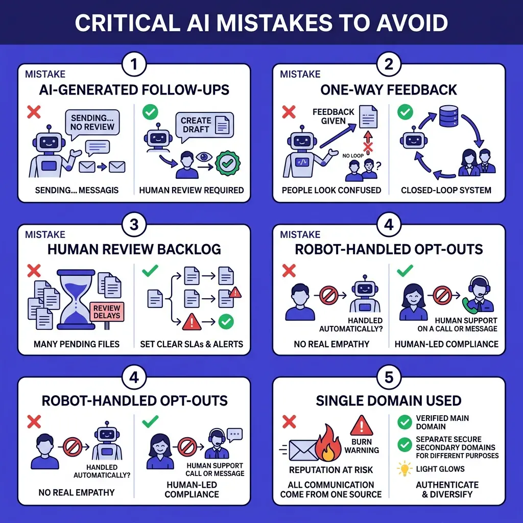 Infographic of 5 hybrid workflow mistakes with correct vs incorrect process flows