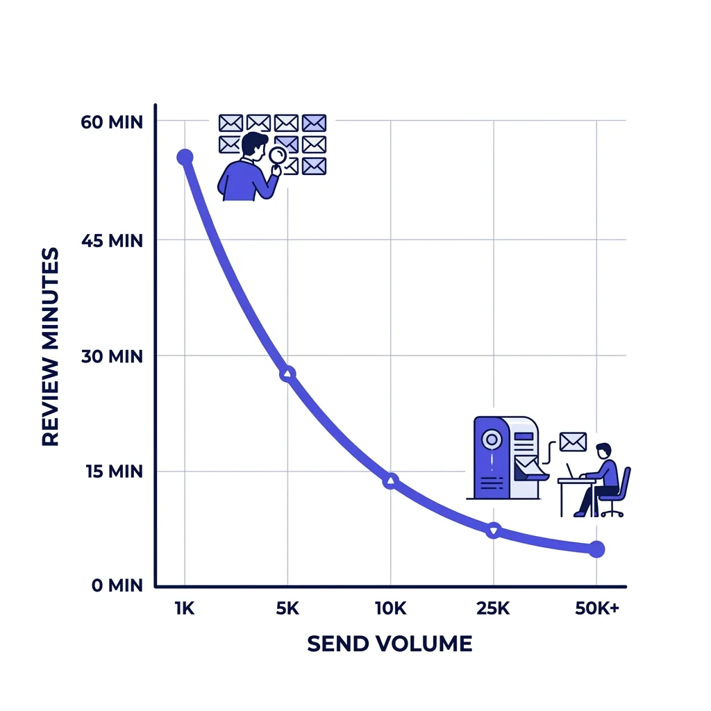 Chart showing human review time collapsing as AI email send volume increases