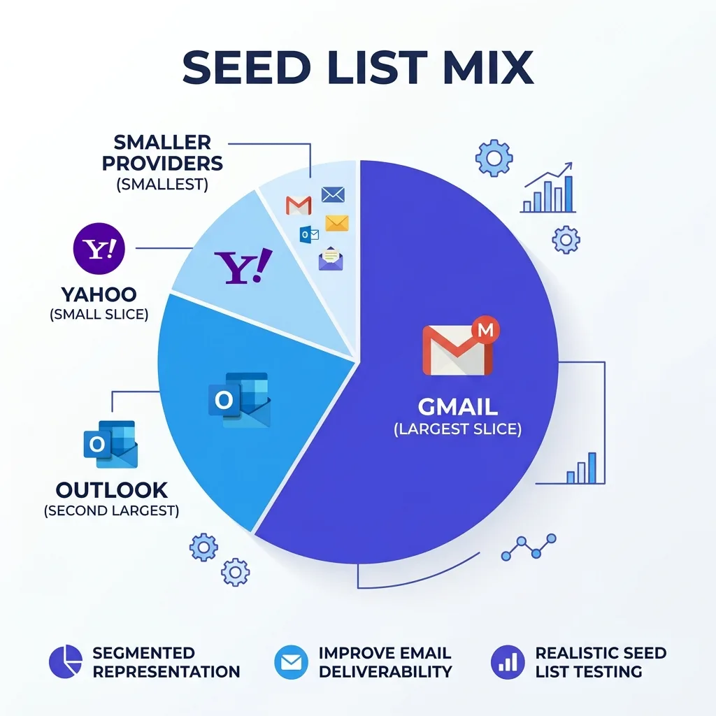 Seed list panel mix showing Gmail, Outlook, Yahoo, and smaller provider allocation