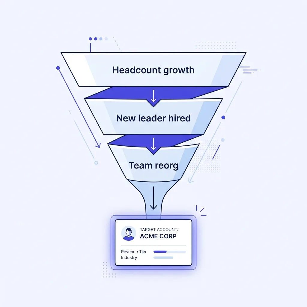 Stacked hiring signals funnel showing headcount growth, new leader hire, and reorg feeding one account