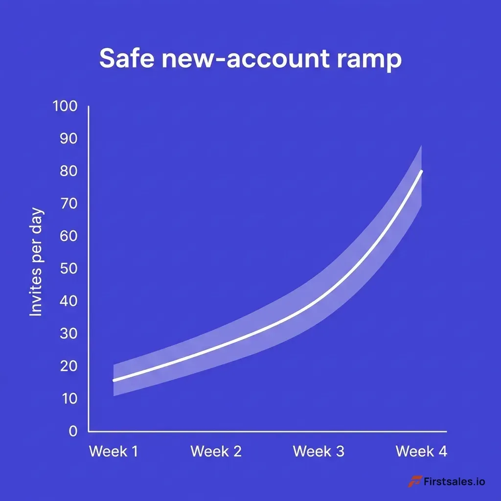 Chart showing a safe LinkedIn invitation ramp curve over account age, starting at 10 to 20 invites per day in week one and rising gradually to around 80 per day by week four, with a shaded safe zone well below the maximum