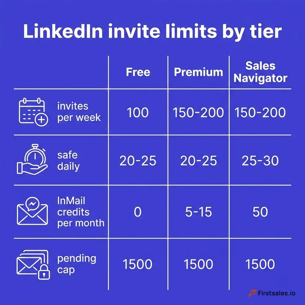 Diagram showing the LinkedIn weekly invitation limit as a rolling seven-day window, with a gauge at 100 invites for standard accounts, 150 to 200 for high-trust Premium and Sales Navigator accounts, and 20 to 30 for flagged accounts