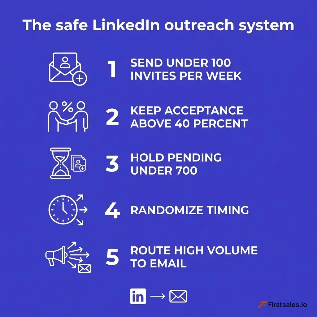 Infographic summarizing the safe LinkedIn outreach system: send under 100 invites per week, keep acceptance above 40 percent, hold pending under 700, randomize timing, and route high volume to email, with deep indigo and white flat design