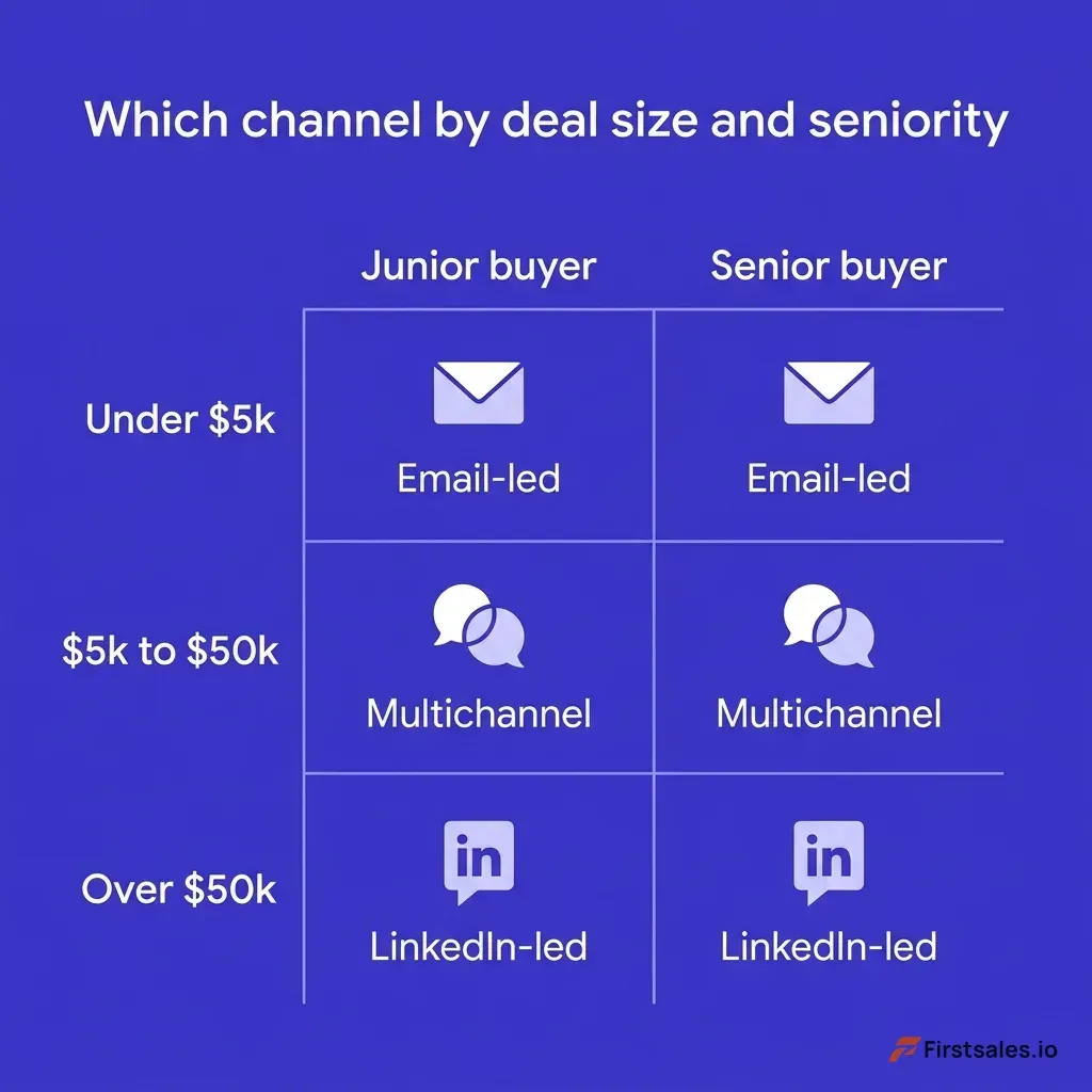 Decision matrix diagram mapping outreach channel to buyer profile: rows for deal size under 5k, 5k to 50k, and over 50k, crossed with columns for junior and senior buyers, each cell shaded to show email-led, multichannel, or LinkedIn-led, in deep indigo and white flat design