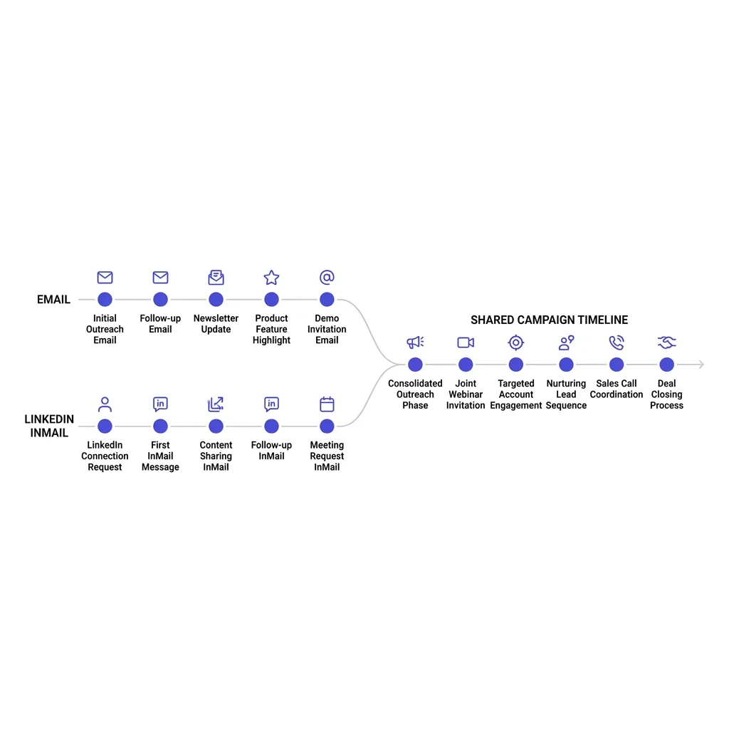 Cold email and LinkedIn InMail sequenced together in a shared campaign timeline