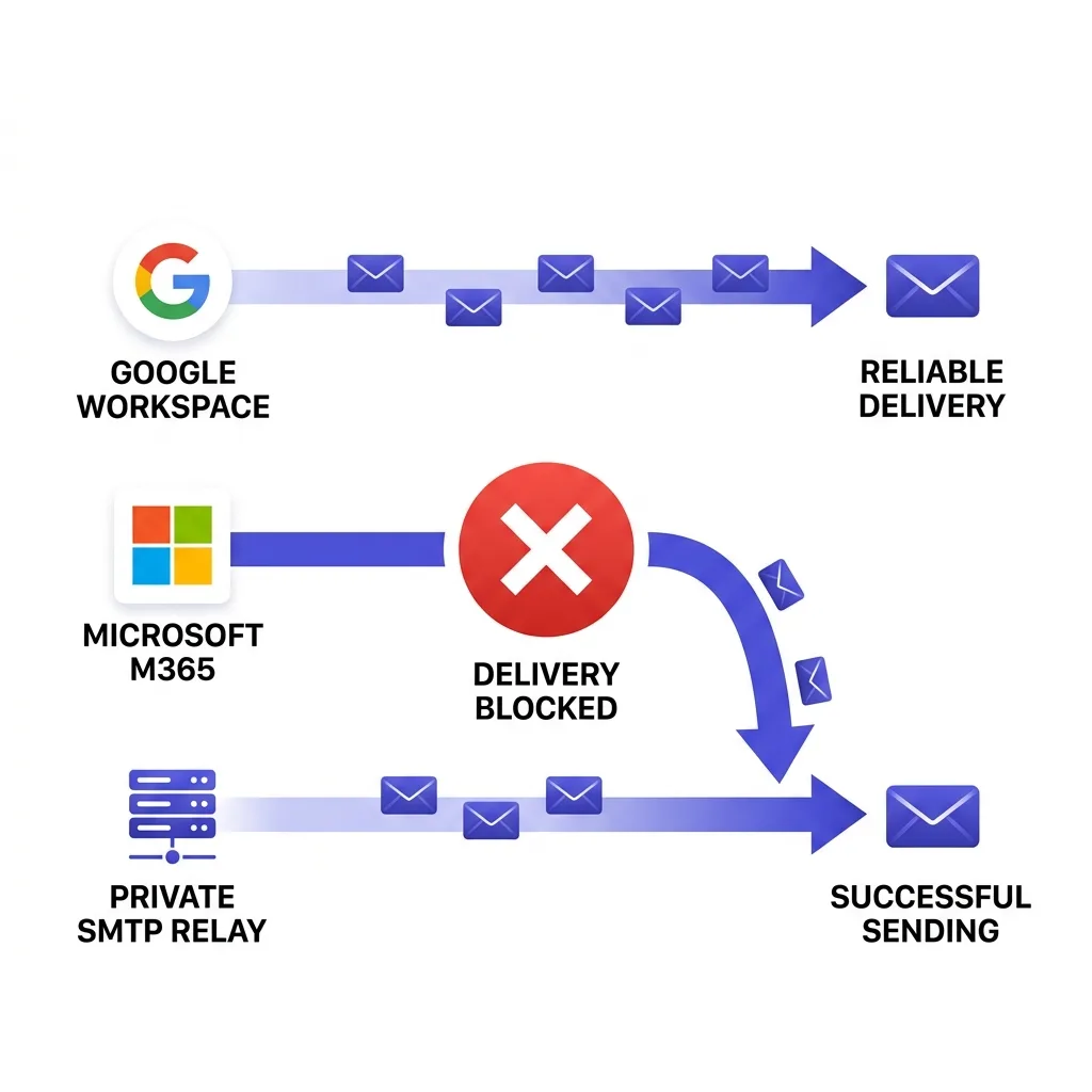 A three-lane infographic showing Google, Microsoft, and private SMTP mail routing with one lane blocked and traffic rerouting