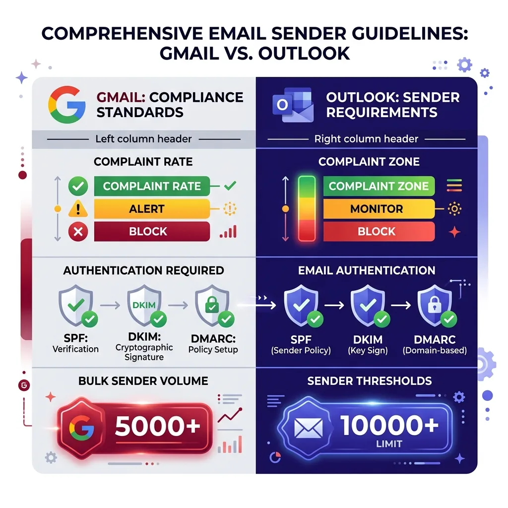 Chart comparing Gmail vs Outlook complaint rate thresholds, enforcement timelines, and authentication requirements side by side in a clean infographic format