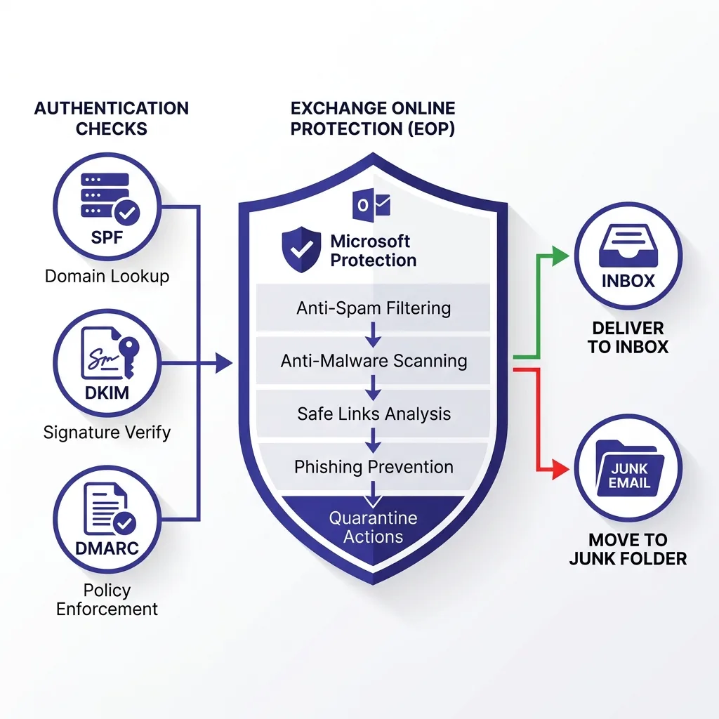 Diagram showing Microsoft's layered email filtering process from sender authentication through Exchange Online Protection to inbox routing