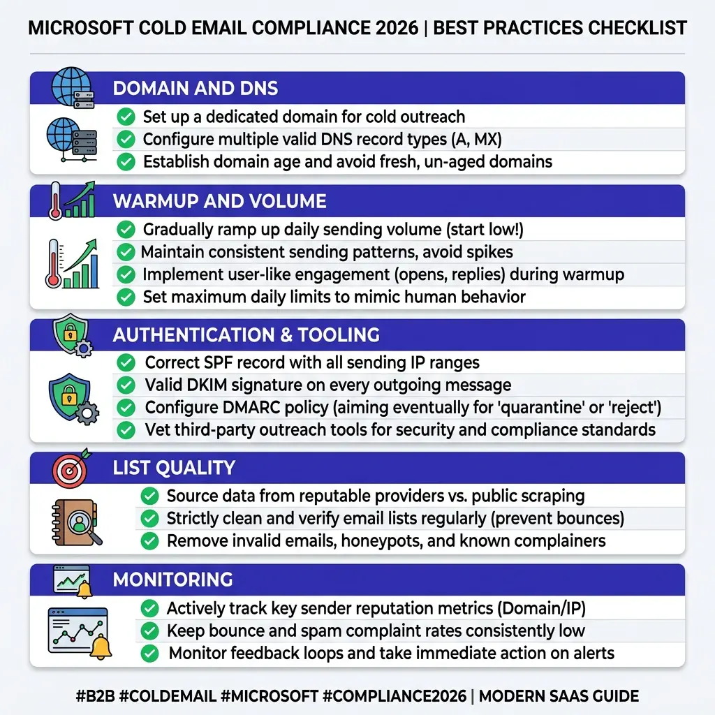 Infographic checklist of Microsoft Outlook cold email compliance requirements for 2026 - authentication, domain ramp, complaint thresholds, and tooling in a clean vertical flow layout with deep indigo and white color scheme
