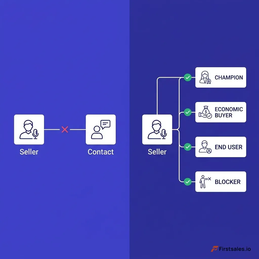 Org map showing single-threaded outreach where one seller connects to one contact and the thread breaks, versus multi-threaded outreach where one seller reaches champion, economic buyer, end user, and blocker in parallel across one account