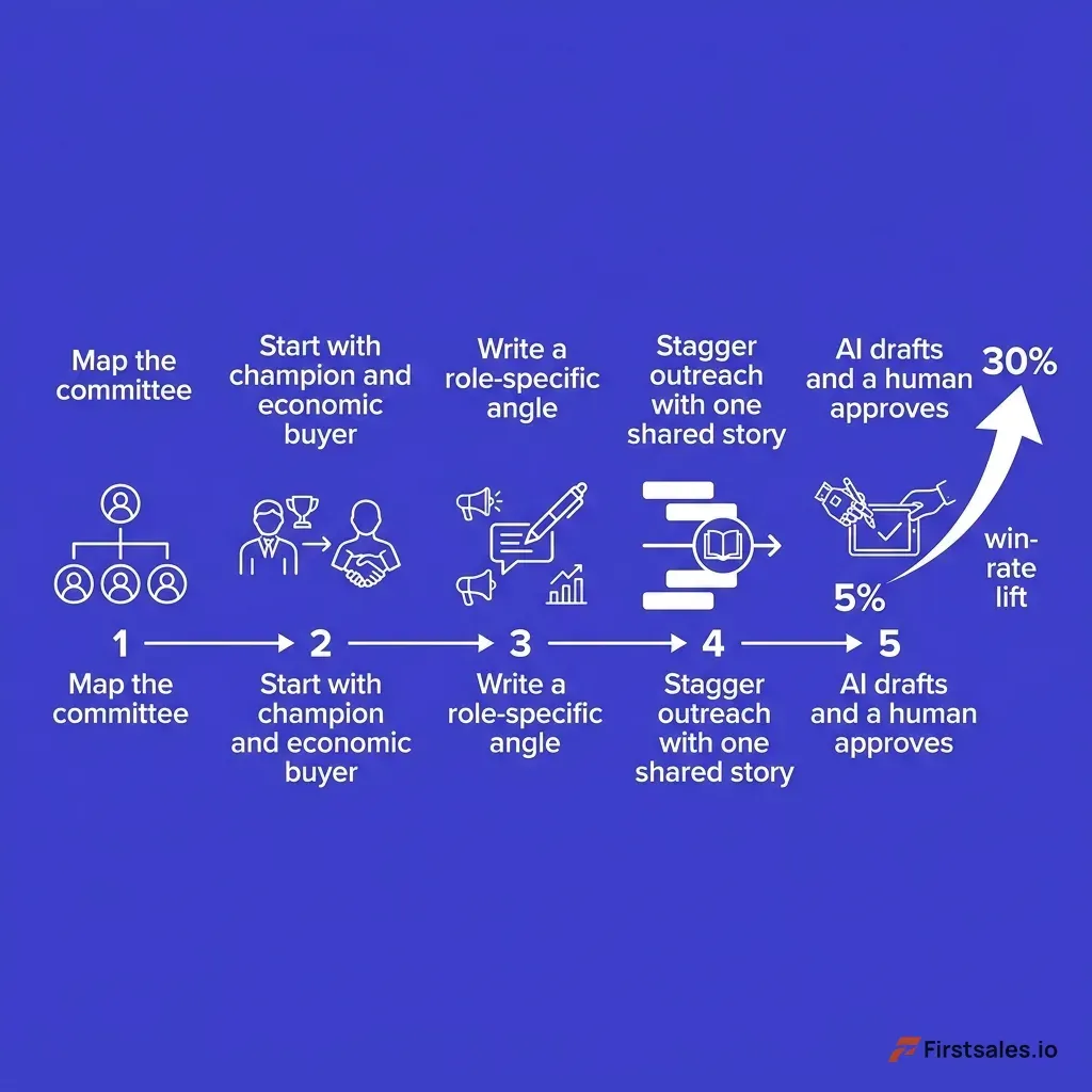 Infographic showing the multithreading framework: map the committee, start with champion and economic buyer, write a role-specific angle for each of the four roles, stagger the outreach with one shared narrative, and let AI draft while a human approves, with win-rate lift arrows from 5 percent to 30 percent, deep indigo and white flat design